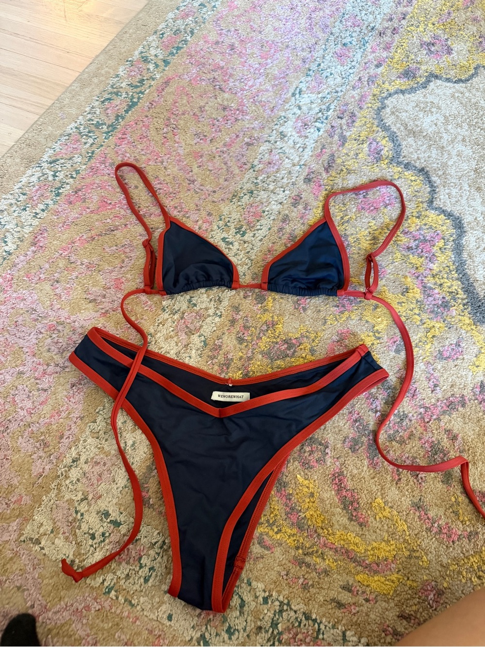 WeWoreWhat Navy and Red Trim Triangle Bikini